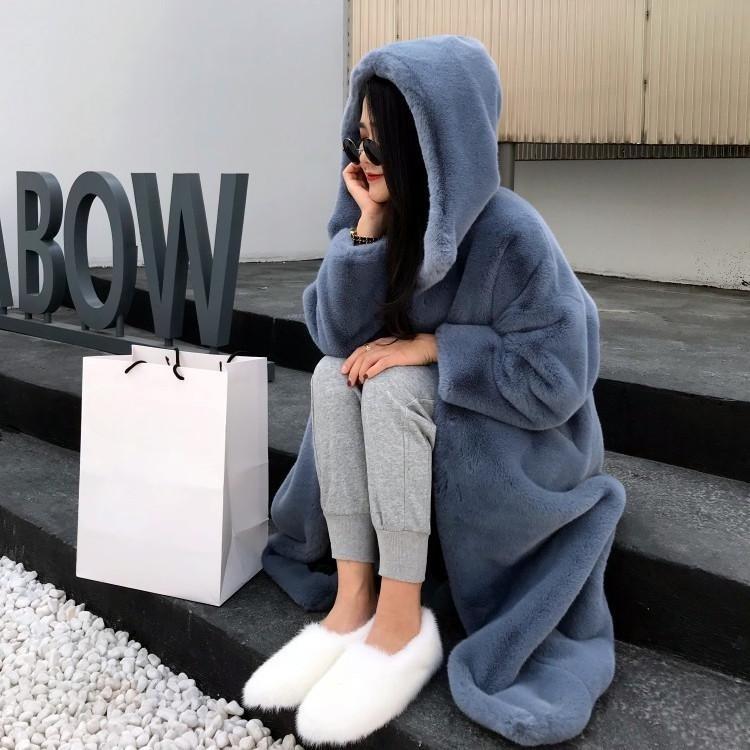 Women's Winter Mink Fur Plush Thick Plush Loose Hooded Jacket Thickened Fur Loose Coat XS-2XL