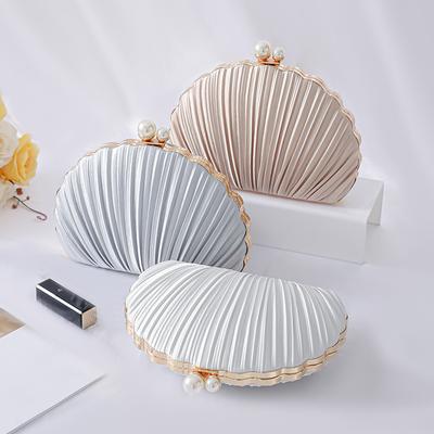 Evening Bag For Women Mini Pleated Seashell Clutch Handbag Purse Chain Strap Crossbody Shoulder Bag For Wedding Prom Party