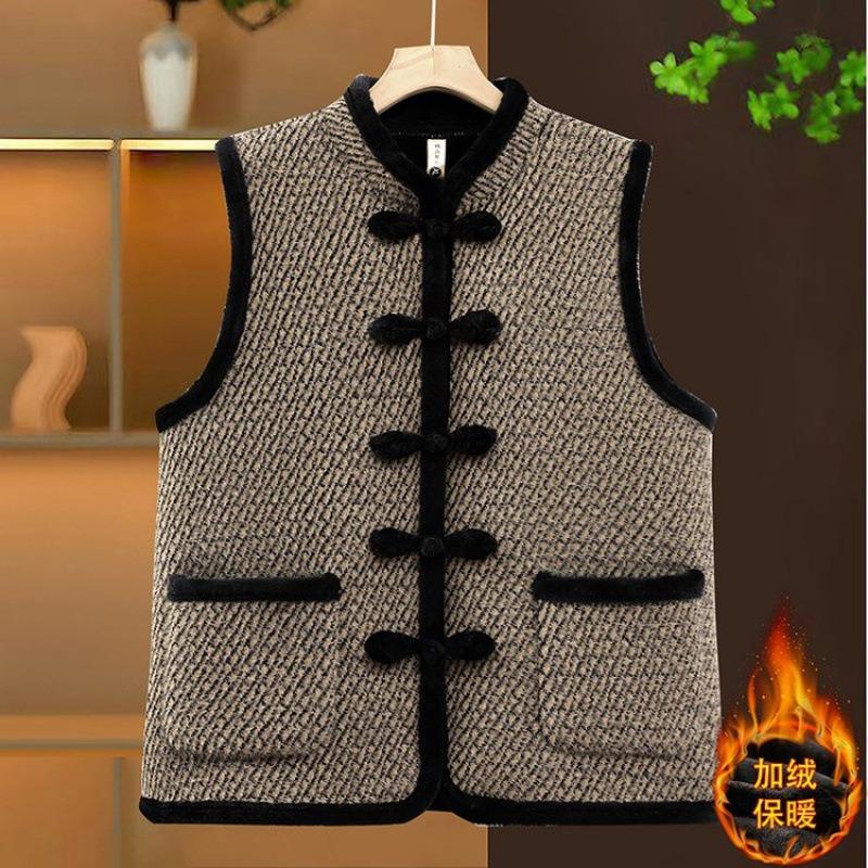 Autumn and winter Chinese style autumn and winter velvet vest buckle middle and old vest warm women's jacket thickened