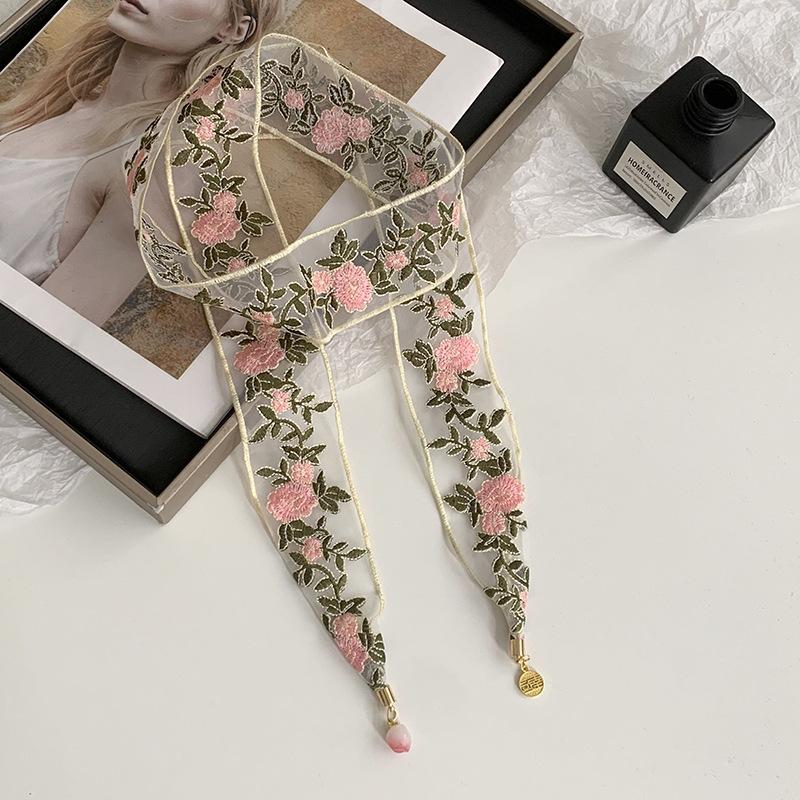 Embroidered Lace Silk Scarf Premium Pendant Small Scarf Tie Bag Ribbon Rose Lace Mesh Headscarf Headband Hair Accessories
