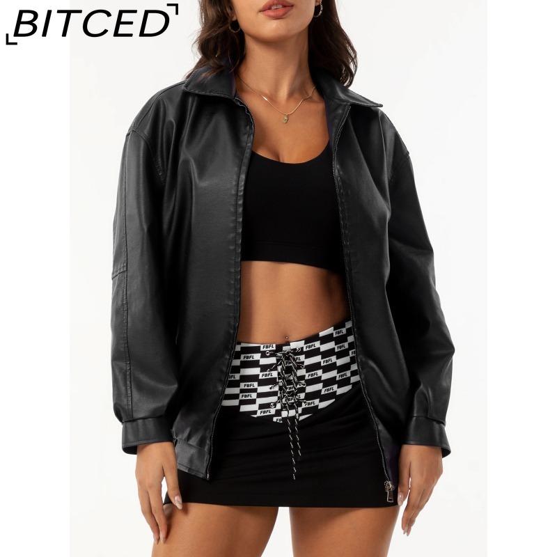 BITCED Fashionable Oversized Leather Jacket for Women Long-Sleeve Collared Spring/Fall Coat