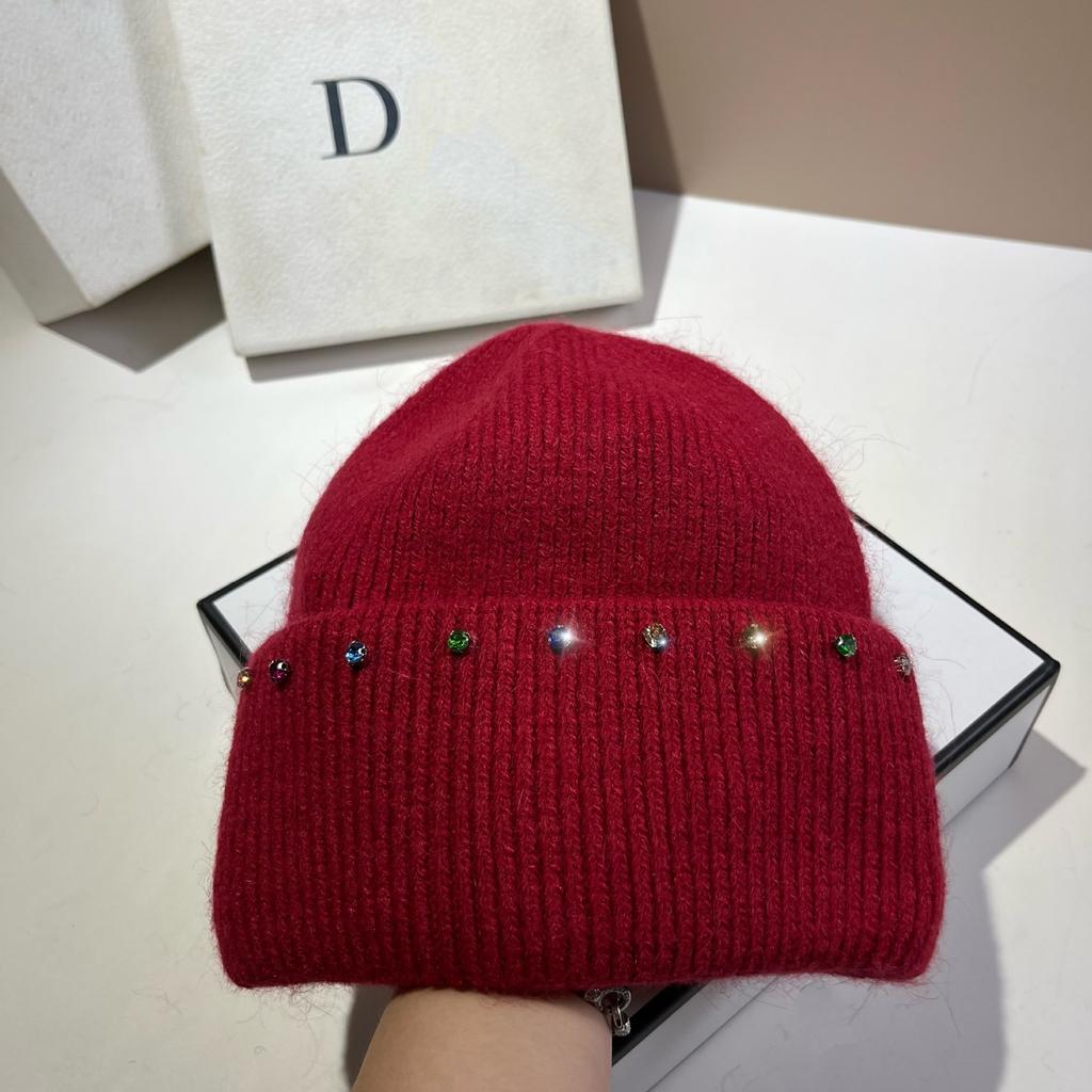 Russian Winter Warm Rabbit Hair Knitted Hat Celebrity Light Luxury Small Diamond Double Fold Wool Hat Women'S Outdoor Windproof