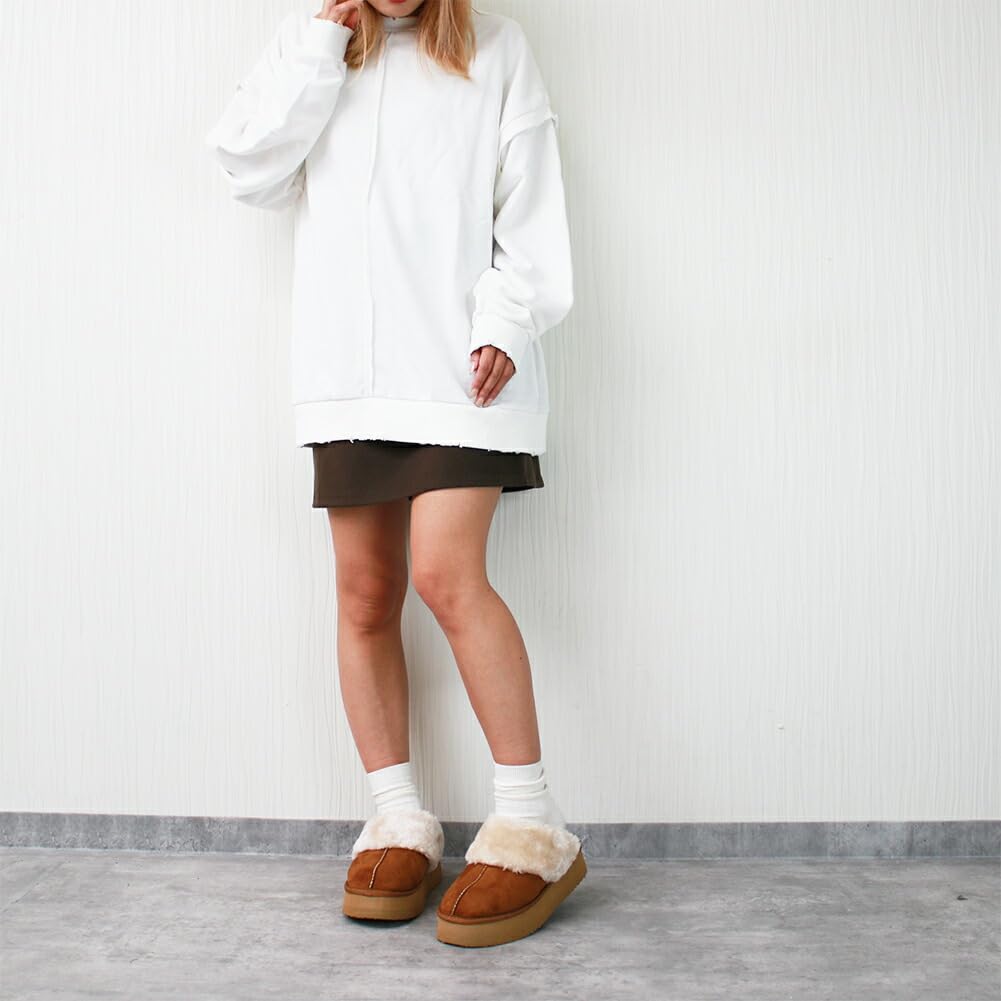 Papuci de casă Room Nine din piele de oaie cu talpă groasă, ușoară și pufoasă, confortabili și călduroși, cămilă, mărime L, pentru femei, talpă de 4,5 cm, blană, detaliu, (kk-6046), Piele intoarsa,