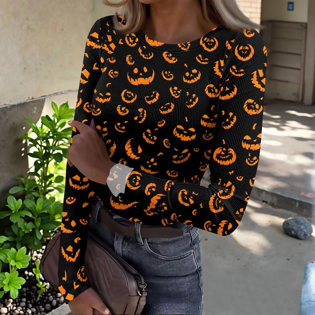 Women's Casual Long Sleeve Ribbed Knit Top Halloween Pumpkin Print Crew Neck Slim Fit Shirt for Fall Seasonal Wear