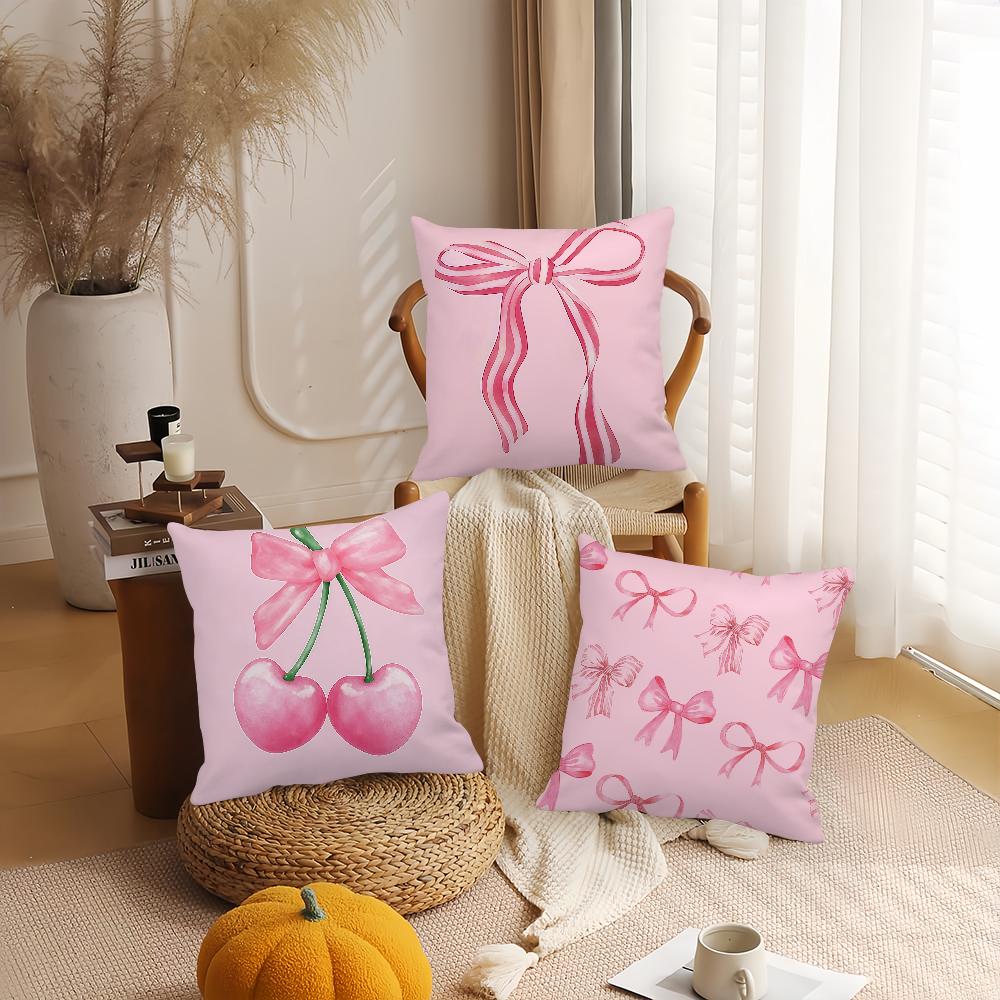 Art Pink Bow Cherry Lovely Kawaii Pillow Case Office Cushions Suitable For Sofa Car Bedroom Decorative Cushion Cover