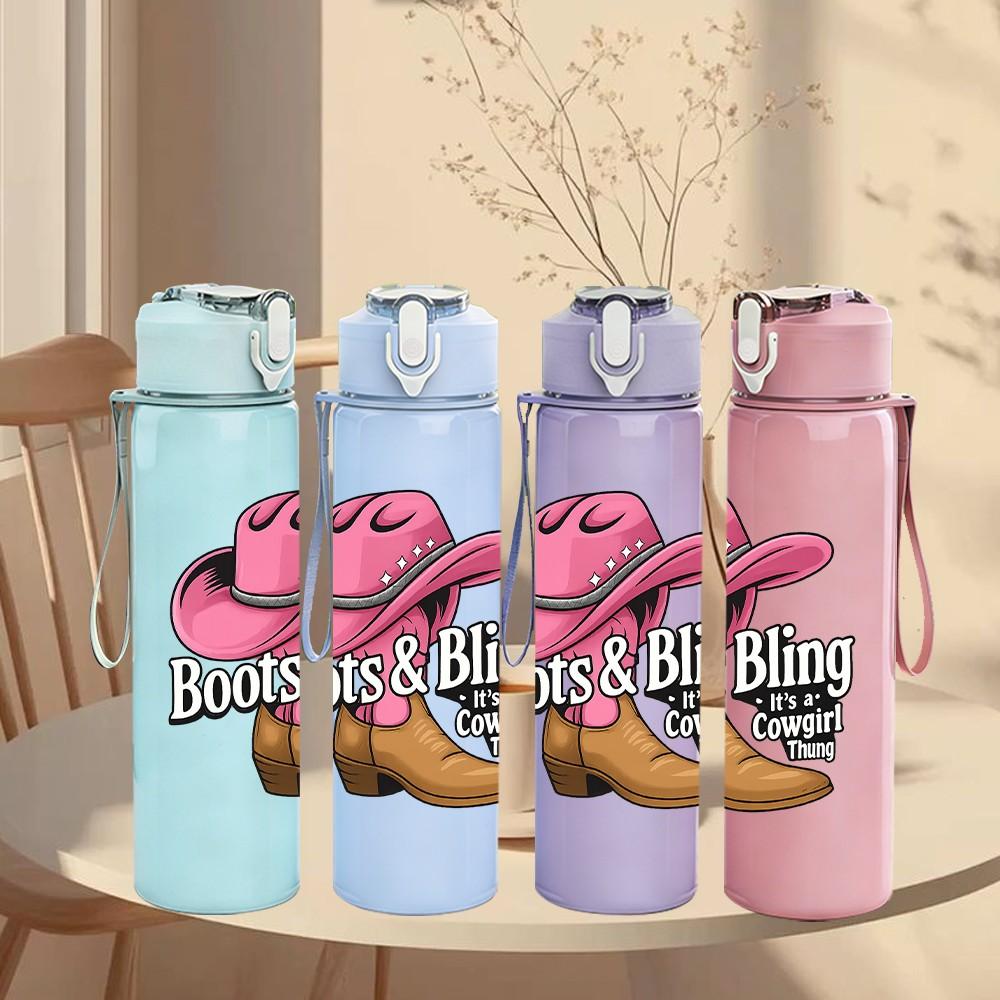 1PC Boots Bling Cowboy Hat Art 750ml Color Plastic Sports Water Bottle Leakproof Flip Straw Lid Suitable for Sports Office Home Use