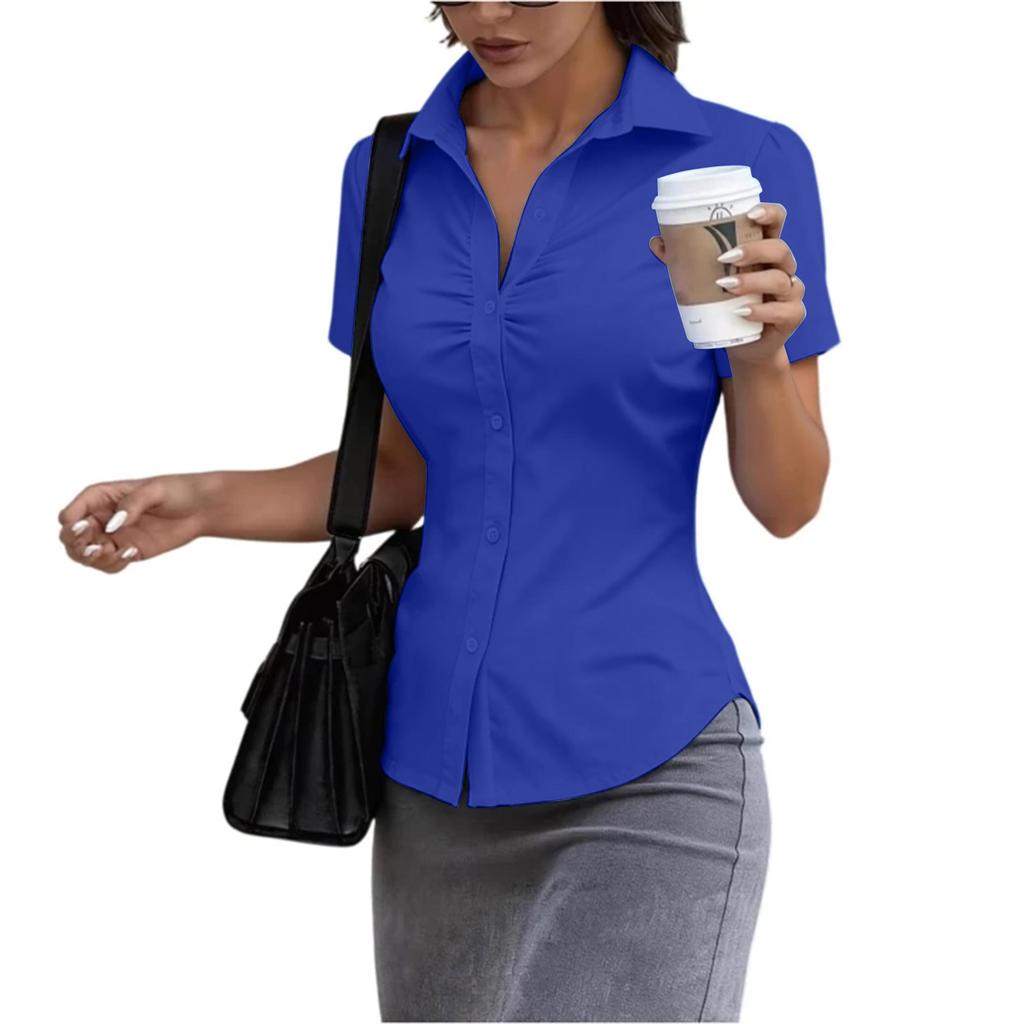 Women's Short Sleeve Button Down Shirt Slim Fit Collared Blouse Office Workwear Casual Top with Ruched Front Design