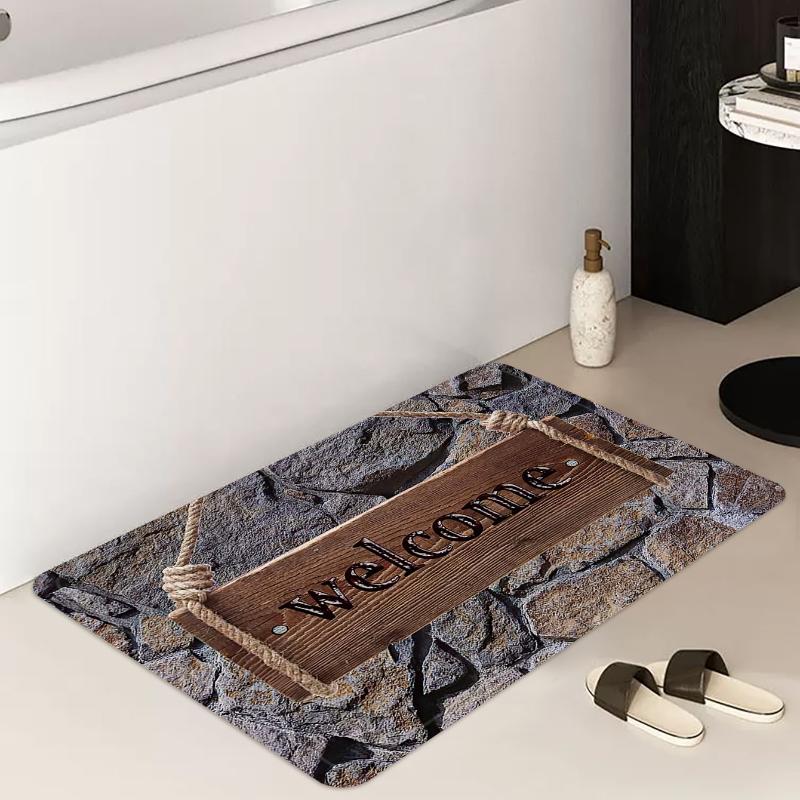 Stone and Letter Patterned Door Mat Velvet Rectangle Rug for Entrance Living Room Kitchen Bathroom Bedside Carpet Welcome Mat
