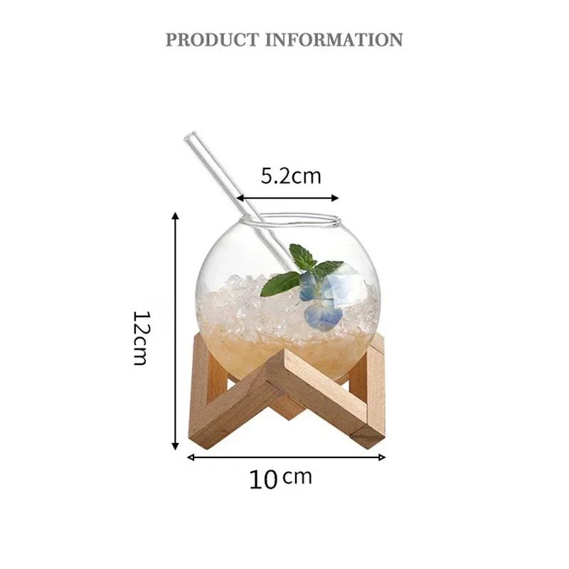 Creative Ronud Ball Glass Cup with Wood Stand Straw Wine Cocktail Glass Cup Transparent Moon Ball Cold Drinking Juice Cups
