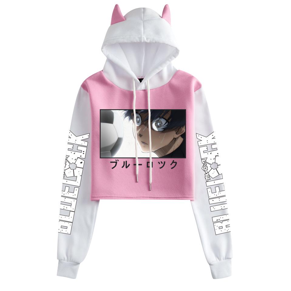 Blue Lock Cat Ear Color Block Hoodie with Plus Velvet