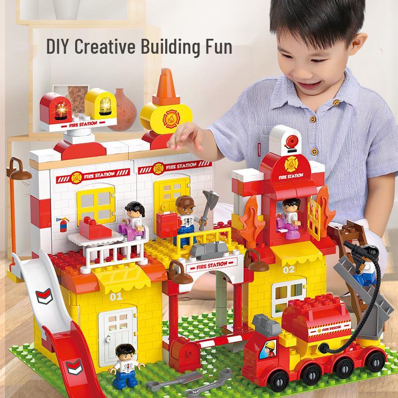 Children's Educational Building Blocks - Police and Fire Station Set with Engineering Vehicles, Large Pieces, Ideal Gift for Boys
