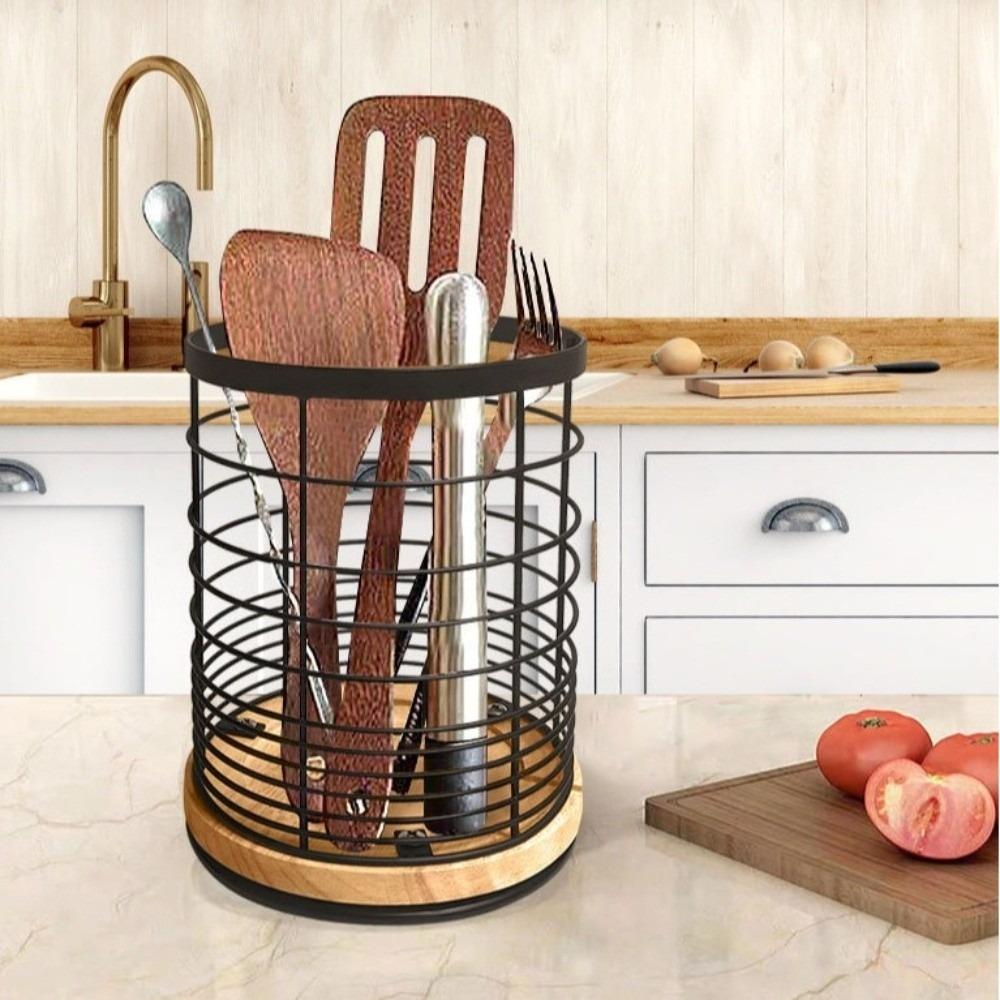 Wooden Base Kitchen Storage Bucket Drainage Hole Cooking Utensil Rack  Kitchen Storage