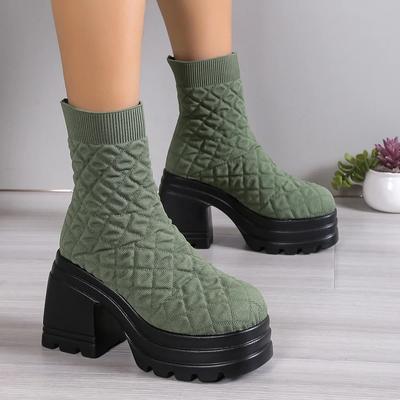 Mode Damen Strick Grobstrick Stiefel Winter Stretch Sockenstiefel 2024 Neu Weiblich Herbst Mode Plateau Slipper Quadratabsatz Botas De Mujer