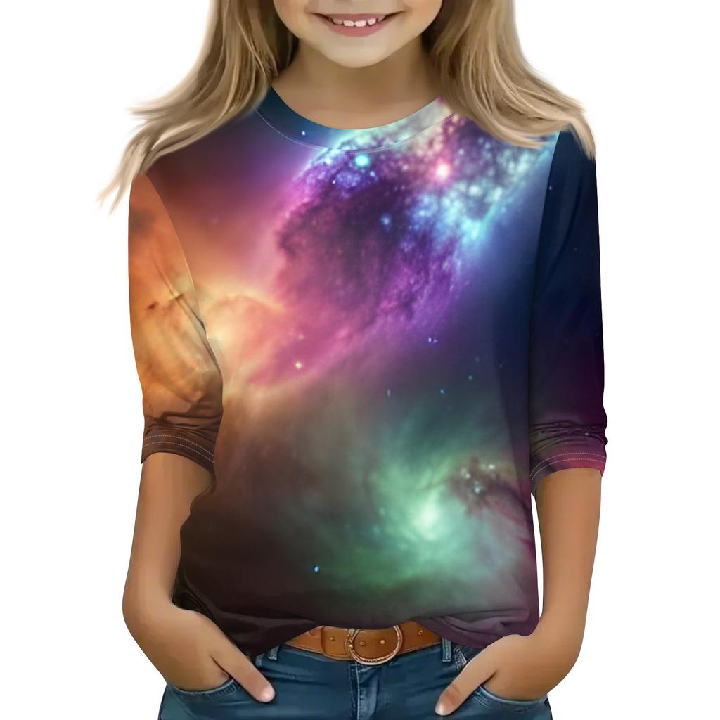 Bedruckte Oberteile für junge Mädchen von 5–16 Jahren, Rundhalsausschnitt, 3/4-Ärmel, T-Shirts, trendige Oberteile, Outfit-T-Shirts