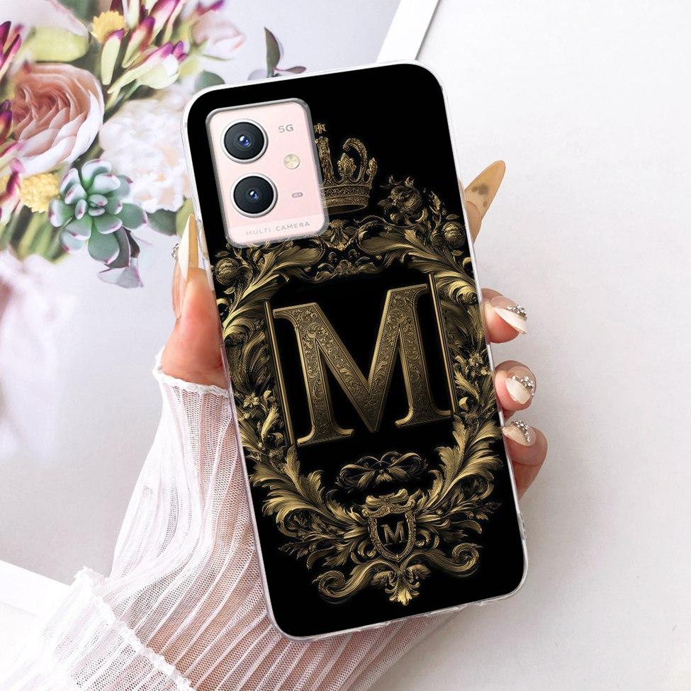 For Vivo Y33s 5G Case Cover Transparent Luxury Crown A-Z Letters 2D Flat Pattern Soft Phone Case For Vivo V2166A