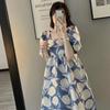 French Summer New Fashion Medium and Long High-end Printed Bubble Sleeves Small Versatile Dress Women