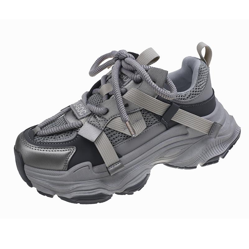 Showing feet little dad shoes women's spring and summer new thick-soled heightening mesh breathable leather casual sports shoes