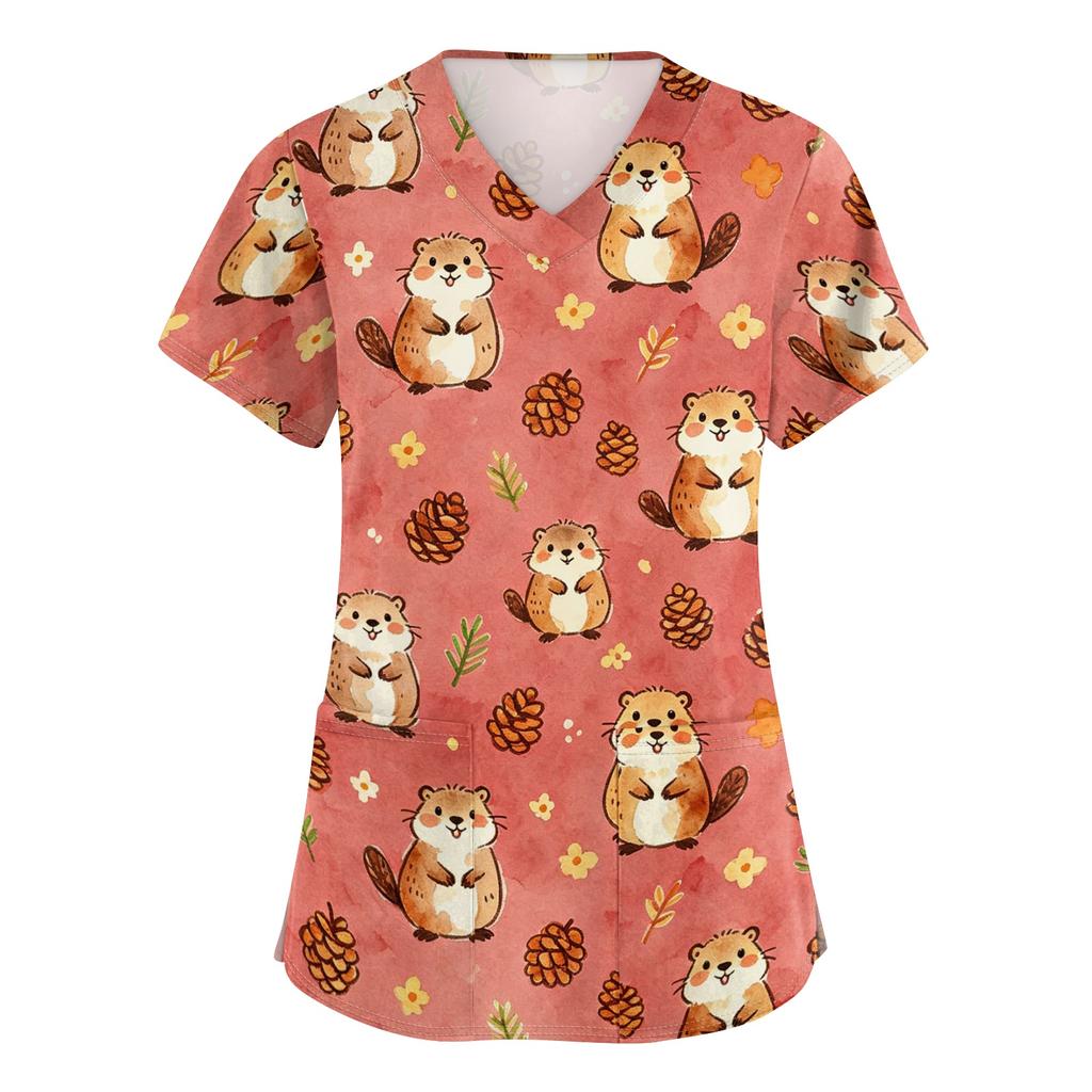 Damen V-Ausschnitt Kurzarm Arbeitshemd mit Taschen Tierprint Oberteil Medizinische Scrub Uniform für Gesundheitsberufe Bequeme Passform