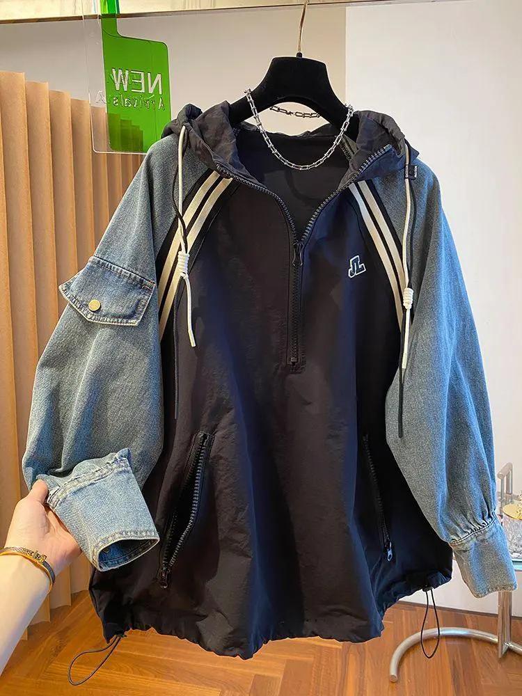 Oversized Sweatshirts for Women Patchwork Denim Streetwear Y2k Tops Hooded Contrast Color Vintage Hoodies