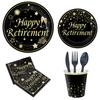 Schwarz und Gold Ruhestand Happy Thema Einweg Pappteller Pappbecher Serviette Tischdecke Party Set Arrangement Zubehör