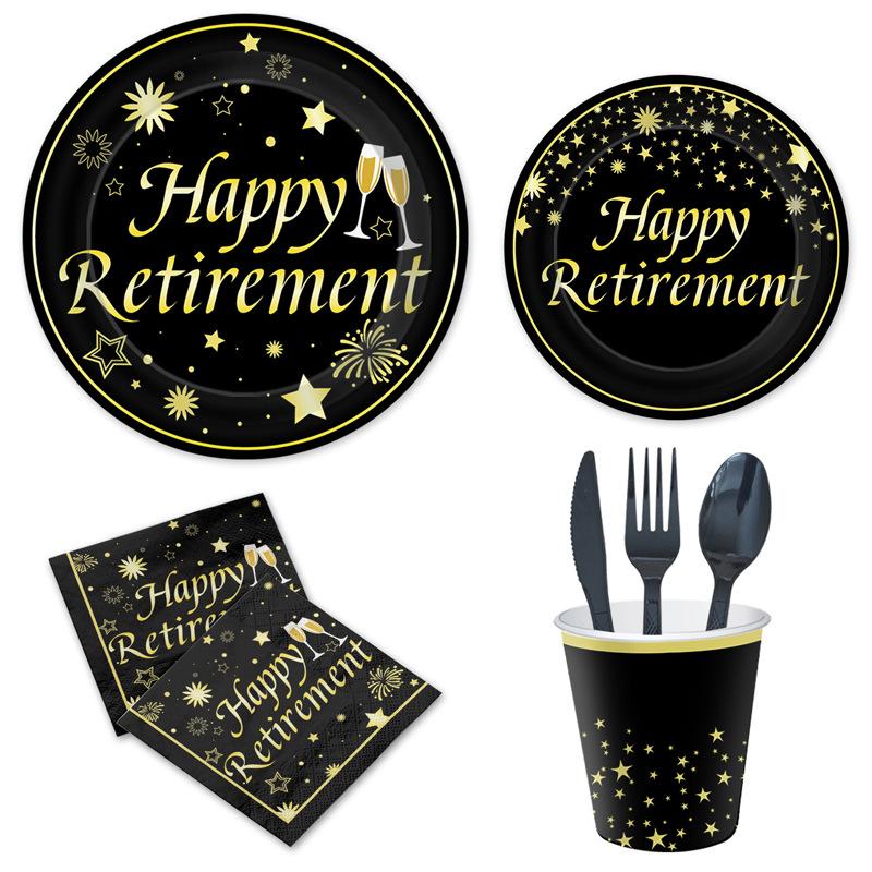 Schwarz und Gold Ruhestand Happy Thema Einweg Pappteller Pappbecher Serviette Tischdecke Party Set Arrangement Zubehör