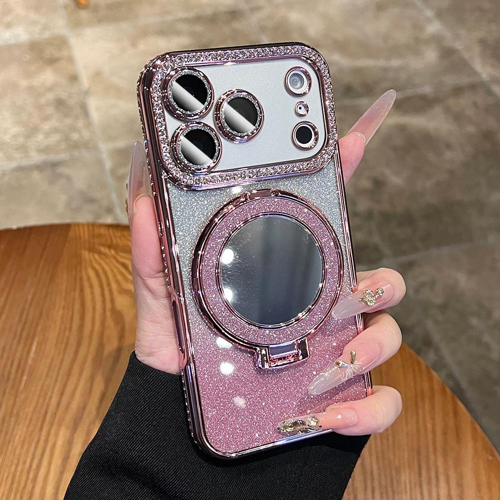 Gradient Glitter For Magsafe Magnetic Mirror Stand Holder Case For iPhone 13 14 15 16 17 Pro Max Bling Diamond Shockproof Cover
