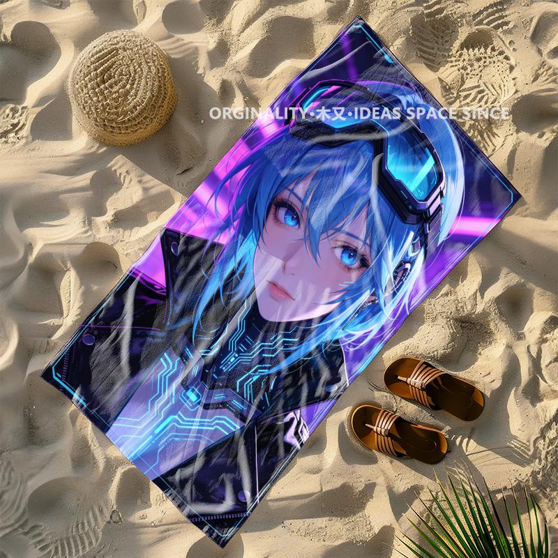 Cyber Anime Girl Beach Towel Patterned Sunscreen And Windproof Suitable For Swimming Pool Camping Travel Blanket