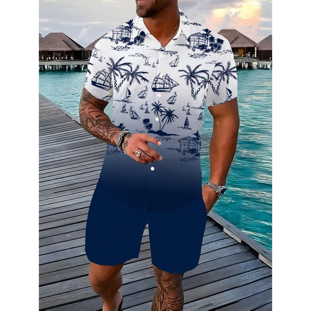 Sailing Tree Hawaiian Shirt Set Beach Animal 3d Print Sets Men Fashion Shirt+Short 2pcs Lapel New Suit Leisure Holiday Tracksuit