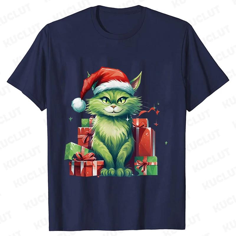 New Year Short Sleeve Tshirt Cute Cat Print Tops Fashion Xmas Unisex Tees Shirt Trend Graphic Christmas Male Oversized Clothing
