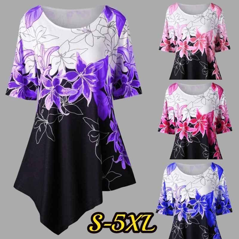 Fashionable Women Ladies Asymmetric Hem Floral Print T-shirt Tunic Tops For All Sizes