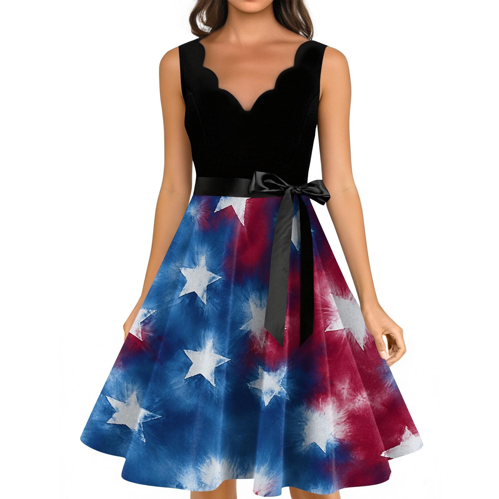 

Sleeveless Scalloped Neckline Dress with Printed Flared Skirt and Waist Ribbon for Casual or Party Wear XL винний