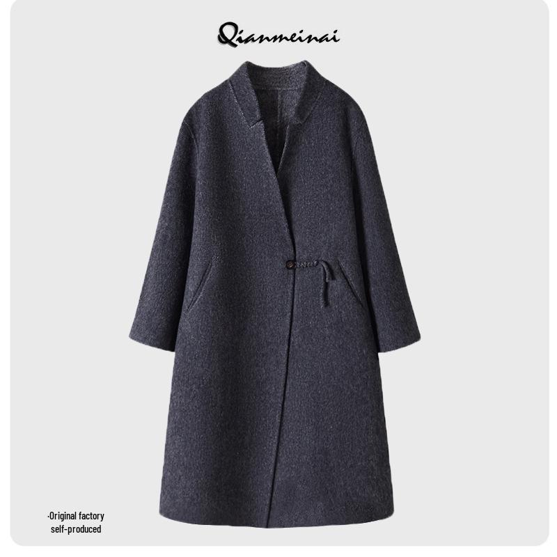 2025 Women's Mid-Length Wool Coat with Stand-Up Collar - Double-Faced Cashmere for Autumn/Winter