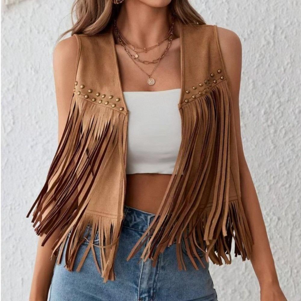 Fashionable Retro Fringed Vest Black/Brown Rivet Detailing Suede Vest Open Front Women'S Vest For Women