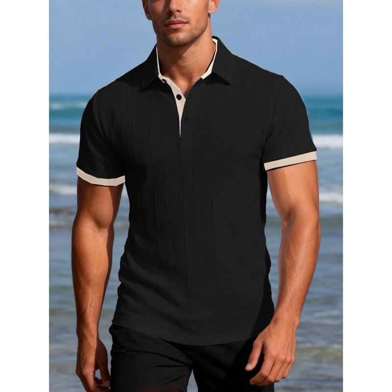 Men Textured Cable Knit Short Sleeve Polo Shirt With Black Trim S