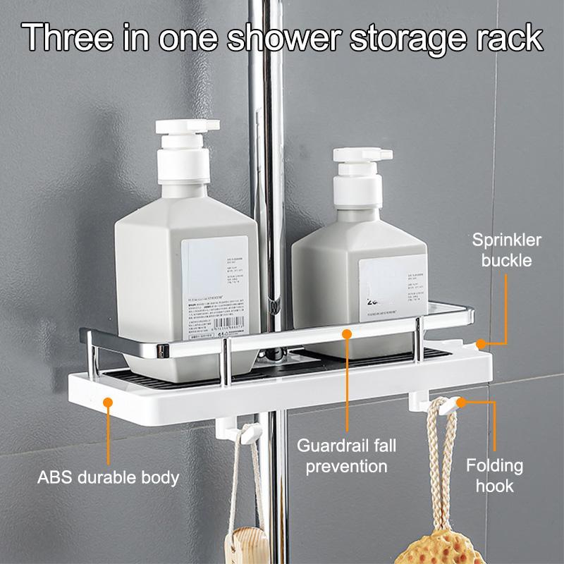 Cadru de duș suspendat, fără găurire, raft de duș pentru baie, suport pentru tavă de șampon cu cârlige pentru accesorii organizatoare de depozitare pentru baie