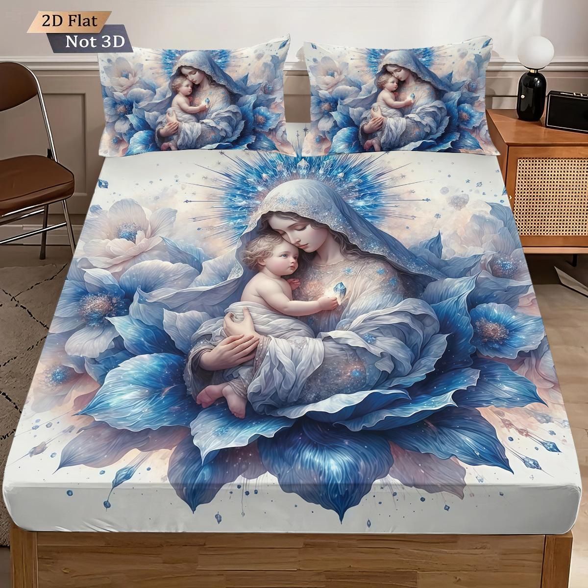 

3pcs Holy Virgin Mary print coreless bed sheet set multiple sizes bedcovers bedroom bedding decorations soft machine washable 90x200cm