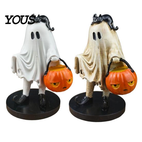 Whimsical Ghost Statue Vintage Halloween Figurine, Cute Spooky Resin with Pumpkin Childlike Decor Bucket And Black Cat for Indoor Kitchen Home