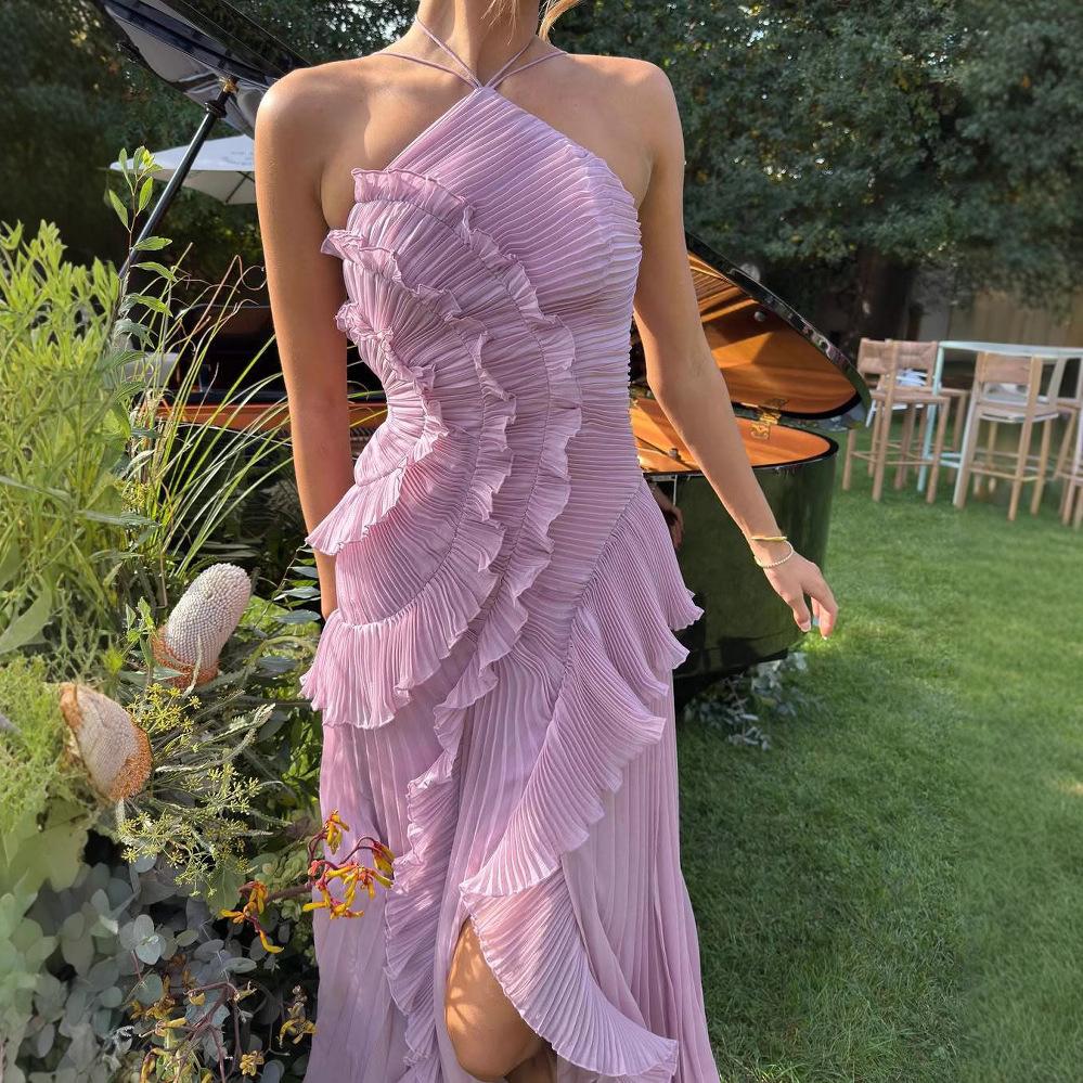 Lila Träger-Einschulter-Maxikleid mit Rüschen und Schlitz