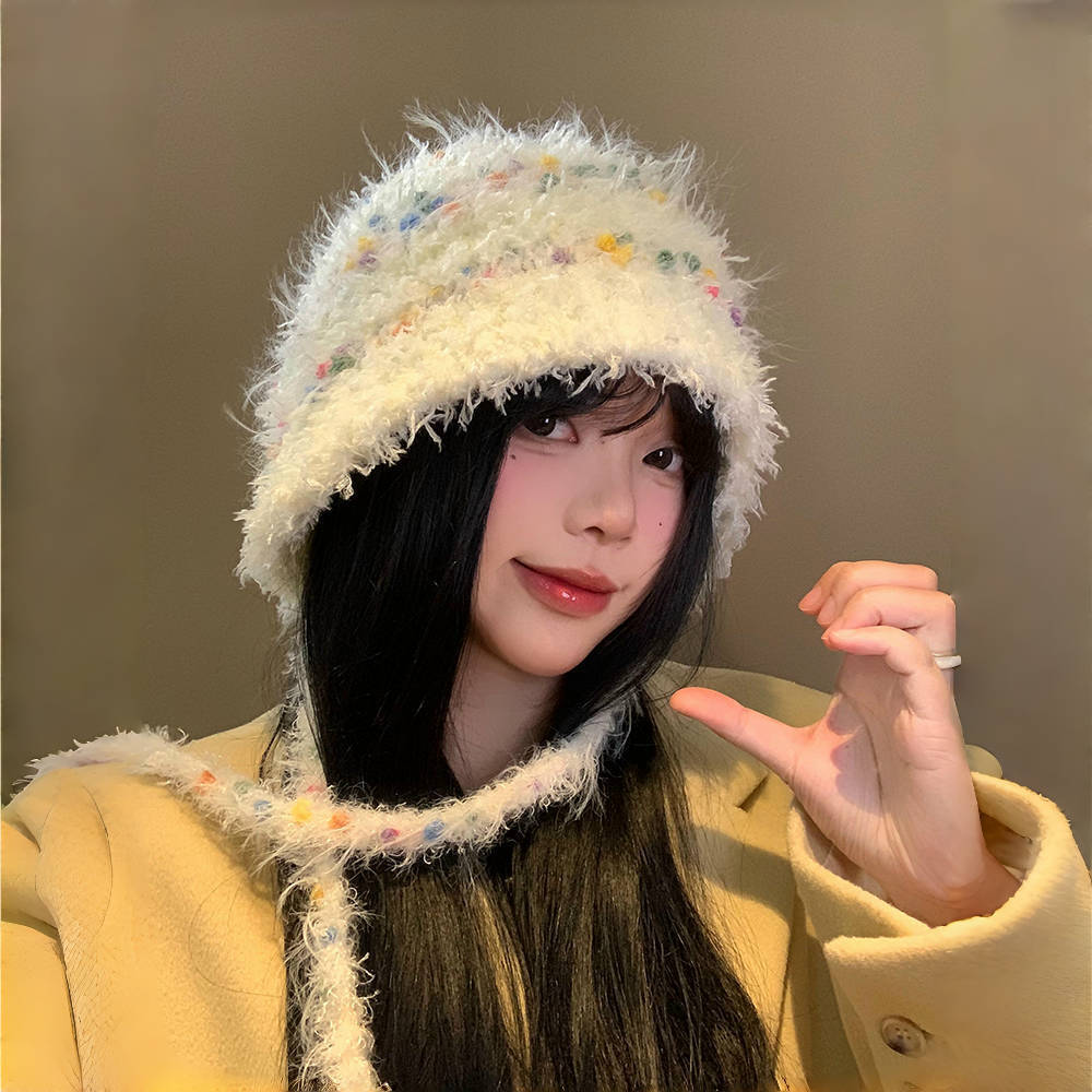 Autumn and winter rainbow candy beans plush wool hat women's plush hat thickened bag head, ear protection hat, warm knitted hat