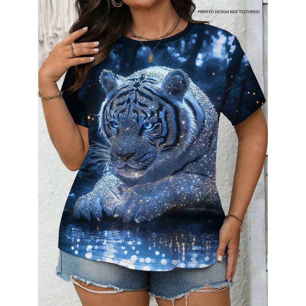 Plus Size Casual Crew Neck Short Sleeve Cat Animal Print T-Shirt - Soft Stretch Polyester Fabric Spring and Summer Womens Relaxed Fit Clothing