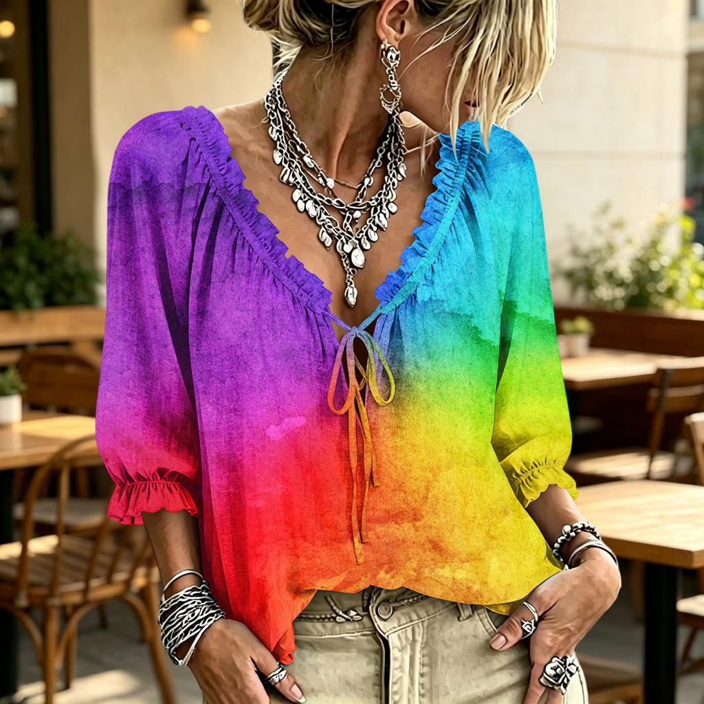 Women's V-Neck Plaid Print Blouse with Ruffle Trim and Tie Front