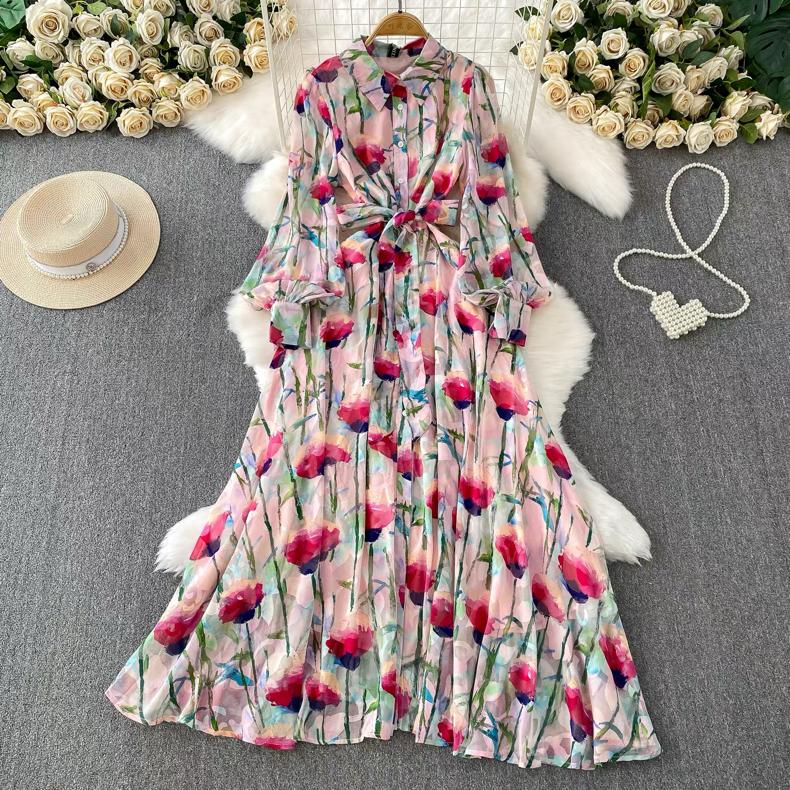 Francuski Styl Wakacyjny Super Wróżkowy Nadruk Klapa Długi Rękaw Sukienka Damska Wiosna Jesień Jednorzędowa Talia Rozkloszowana Elegancka