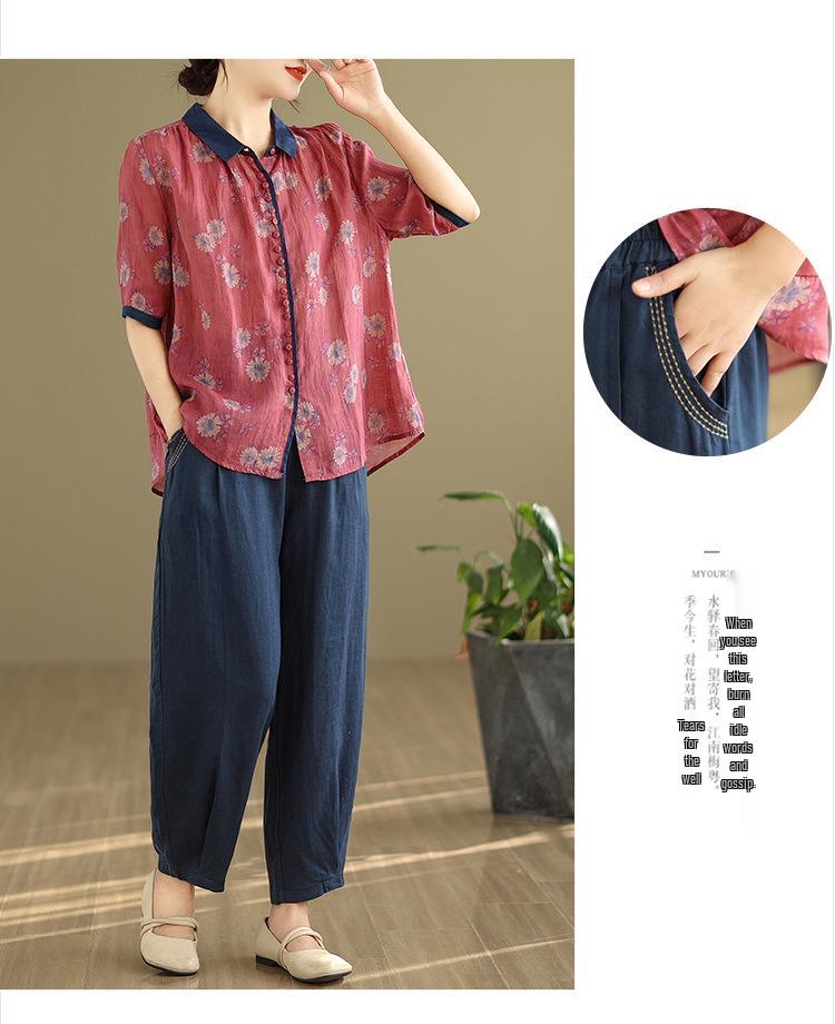 2025 Κορεάτικου Στυλ Μεγάλο Μέγεθος Αδυνατιστικό Ρετρό Δύο Τεμαχίων Βαμβακερό Λινό Καλοκαιρινό Κοστούμι για Γυναίκες