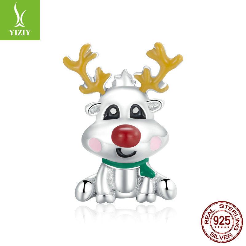Christmas Series Silver Beads Charm Snowflake Reindeer S925 Silver Beaded Pendant Accessories