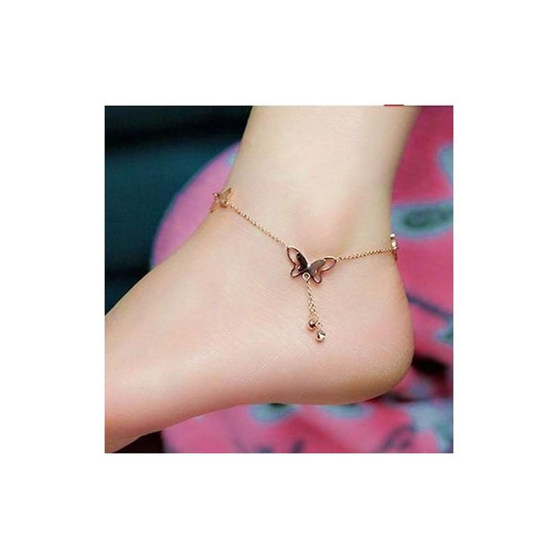 Elegant Summer Women Jewelry Butterfly Studded Double Tassel Anklets Fashion