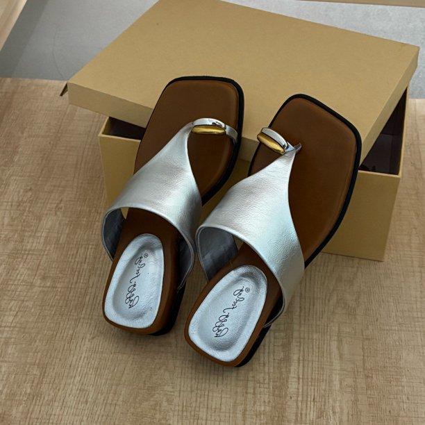 

Design sandals summer new square head outer wear cover toe fashion metal niche flat bottom cool slippers women 35 чорний