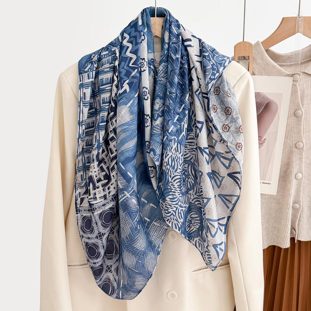 91 cotton and linen blue sub-square scarf silk scarf women's spring and autumn neck protection small scarf retro thin shawl velvet scarf
