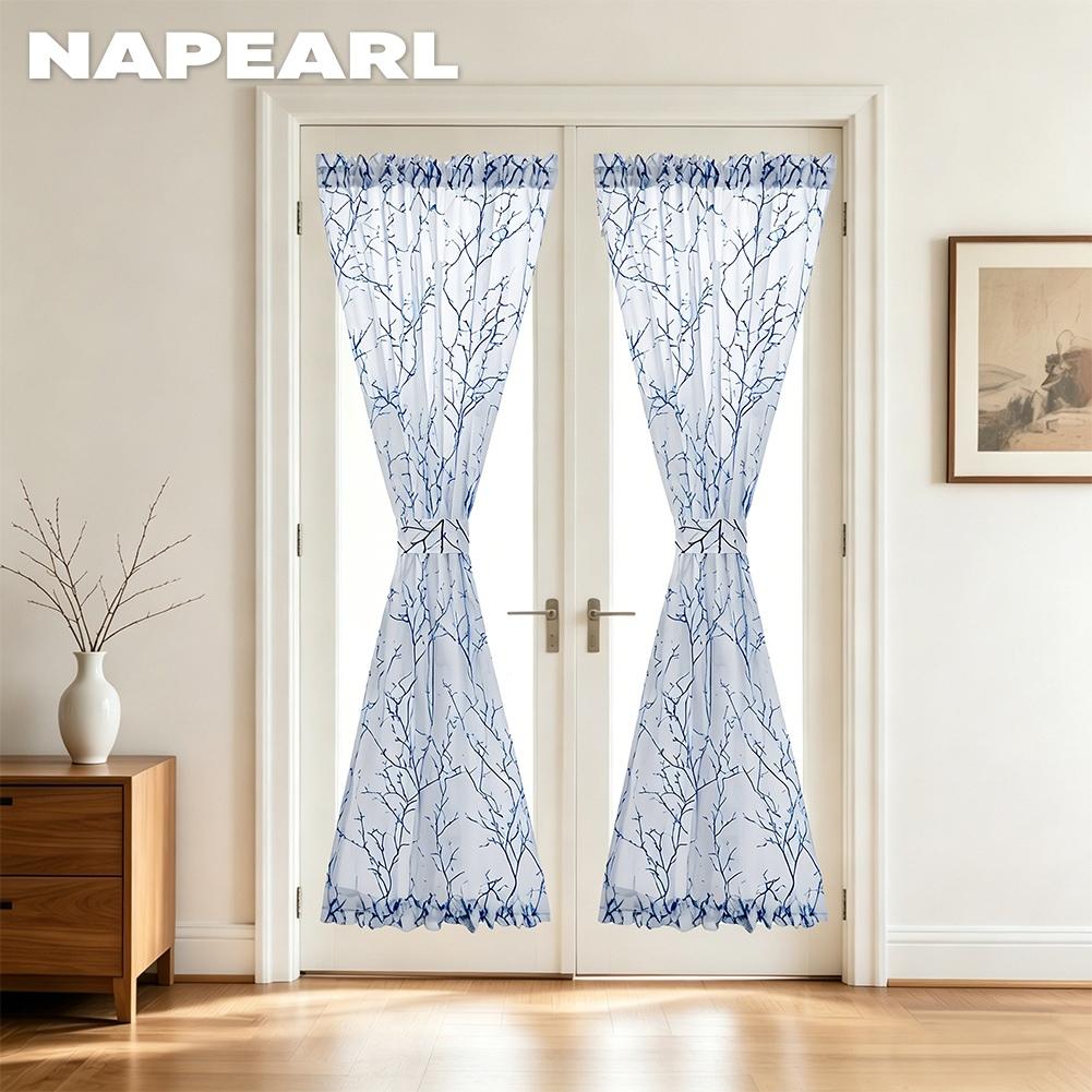 1 Peça Cortina de Porta Translúcida com Padrão Botânico NAPEARL, Cortina Simples com Bainha para Barra para Cozinha Quarto Sala de Estar Decoração de Casa