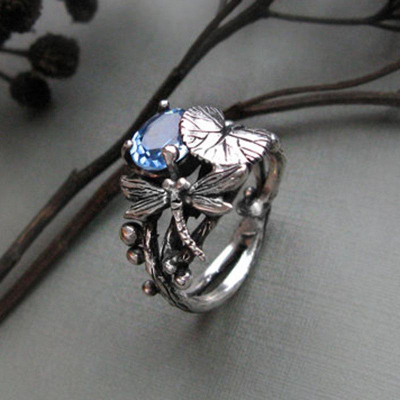 Popular Vintage Dragonfly Lotus Ring with Topaz In Thai Silver
