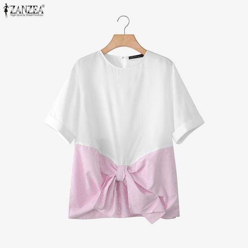 ZANZEA Women Casual Round Neck Short Sleeve Stripe Splice Loose Blouse